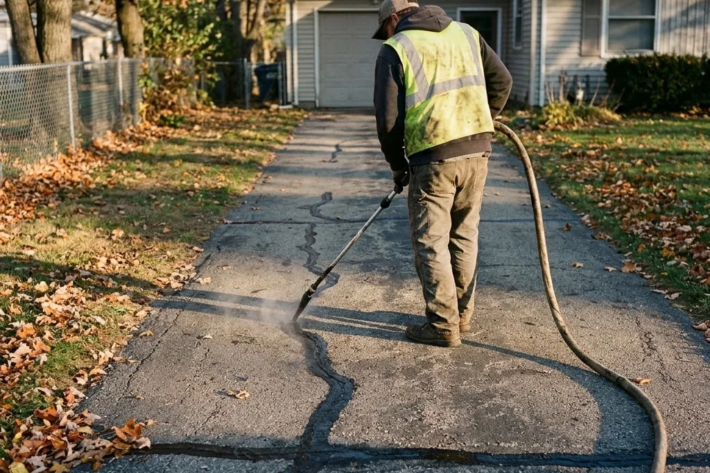 Autumn crack sealing being carried out before the first freeze