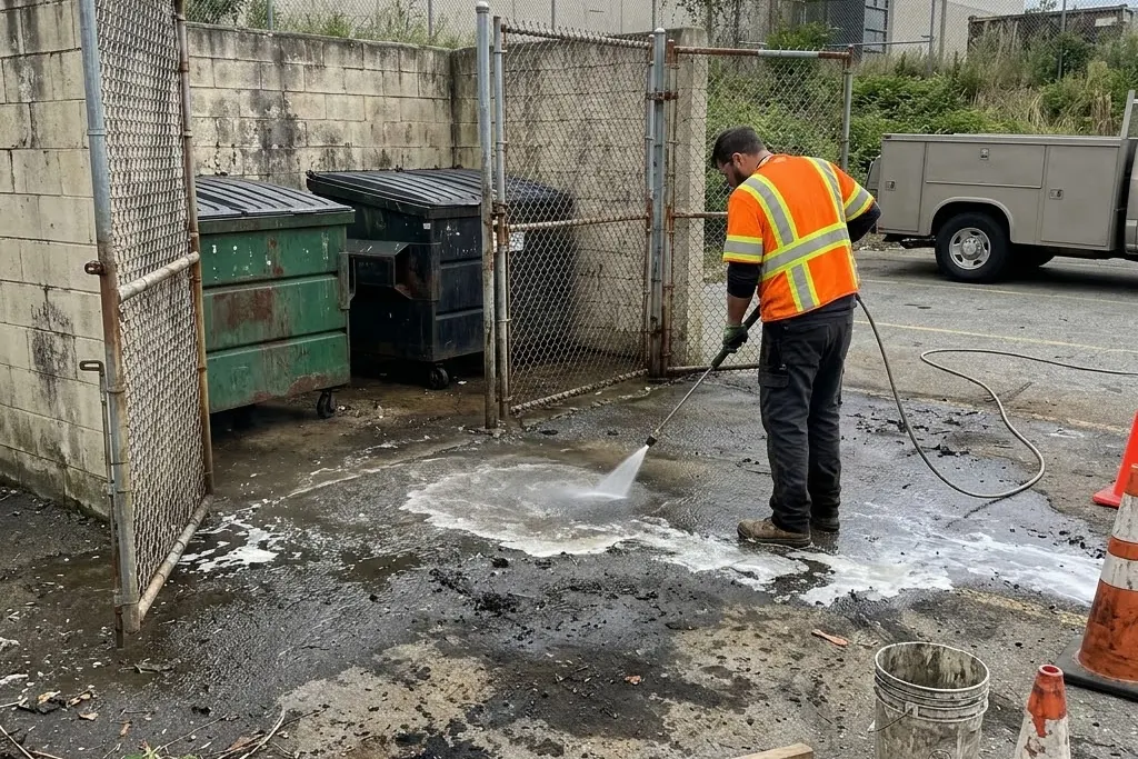 A bin pad area degreased before the surrounding lot is coated