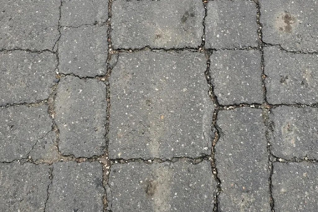A grid pattern of block cracking across an ageing asphalt surface