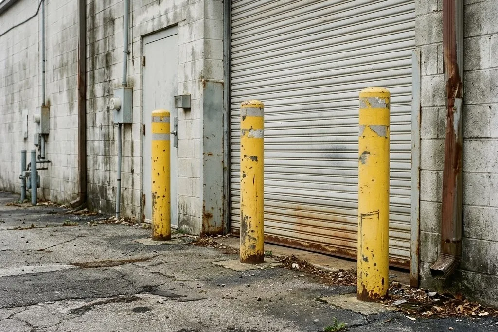 Protective bollards set in front of a service door on a parking lot
