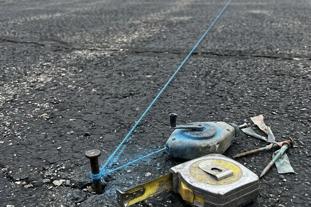 A chalk line snapped from measured reference points before painting
