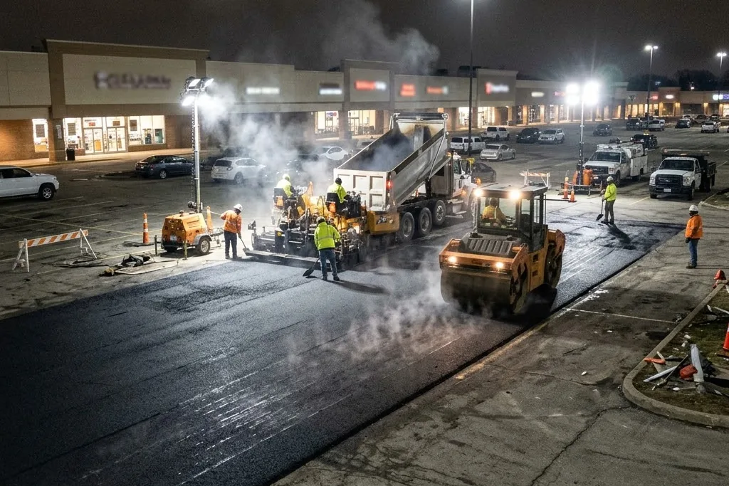 An overnight paving crew working a commercial lot in Edmonton