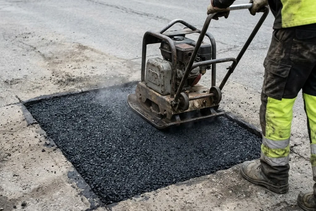 Hot mix compacted level into a squared-out pothole repair