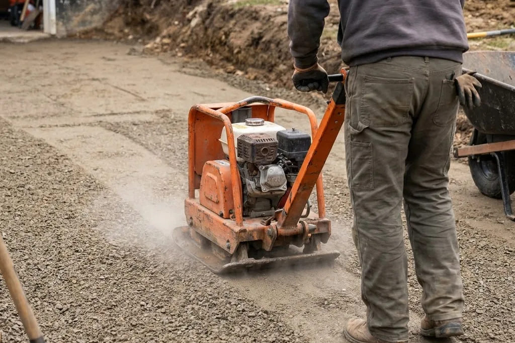 A plate compactor working a thin lift of granular base
