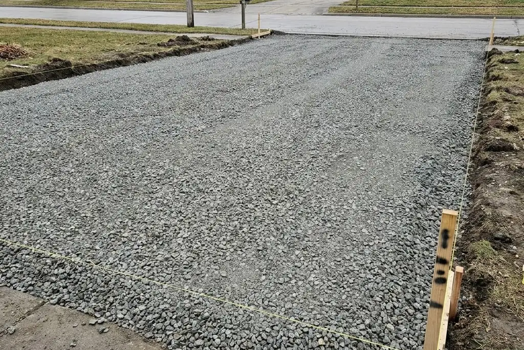 A compacted granular base graded before hot mix is laid