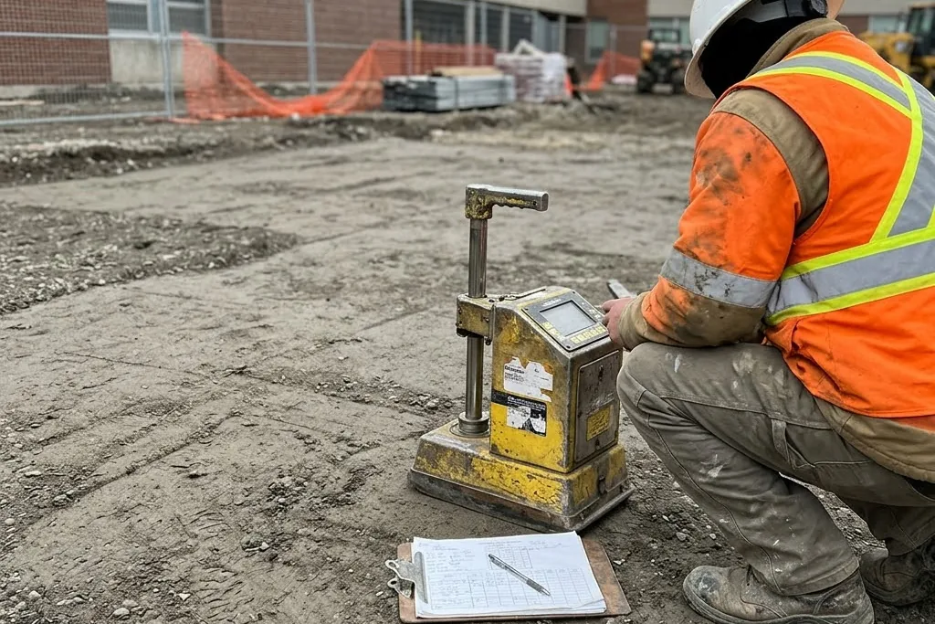 Compaction being tested and recorded on an institutional paving job