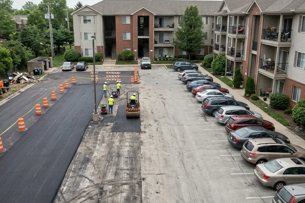 A condo parking lot being paved one building at a time