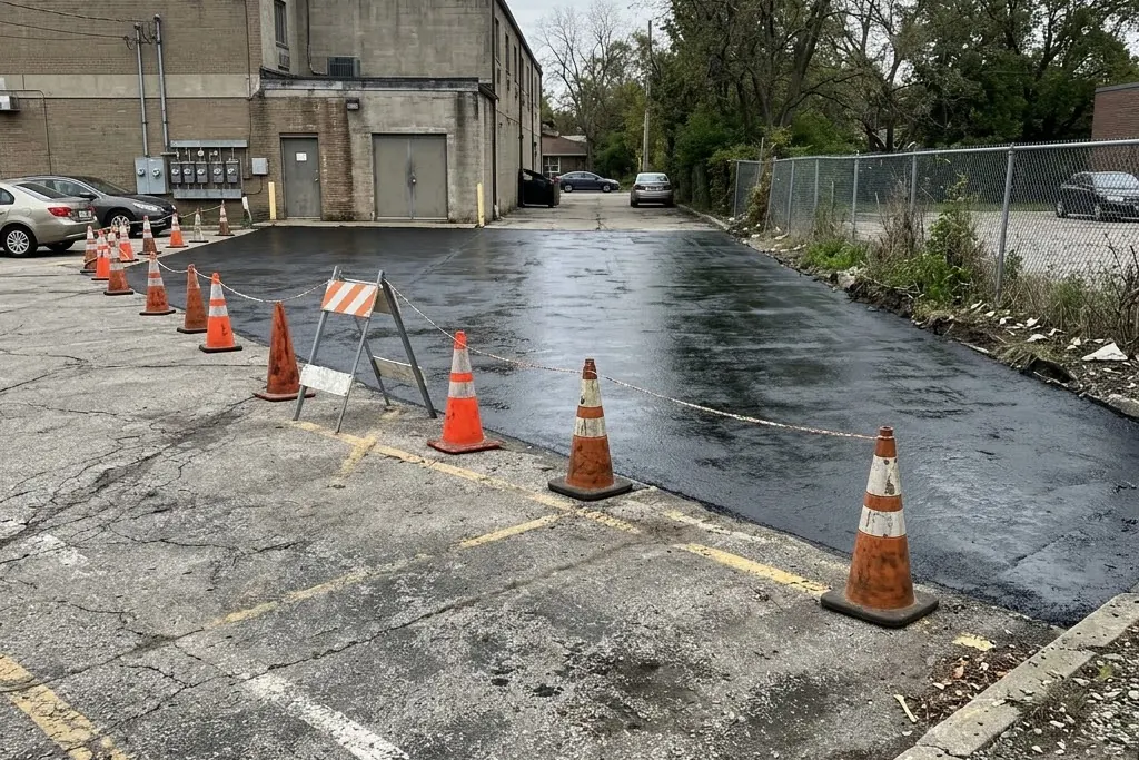 A freshly coated lot section coned off while it cures