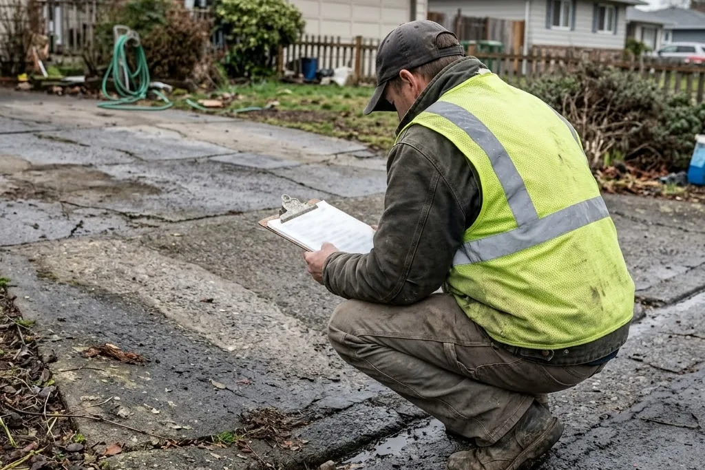 A contractor checking where water runs before quoting a surface