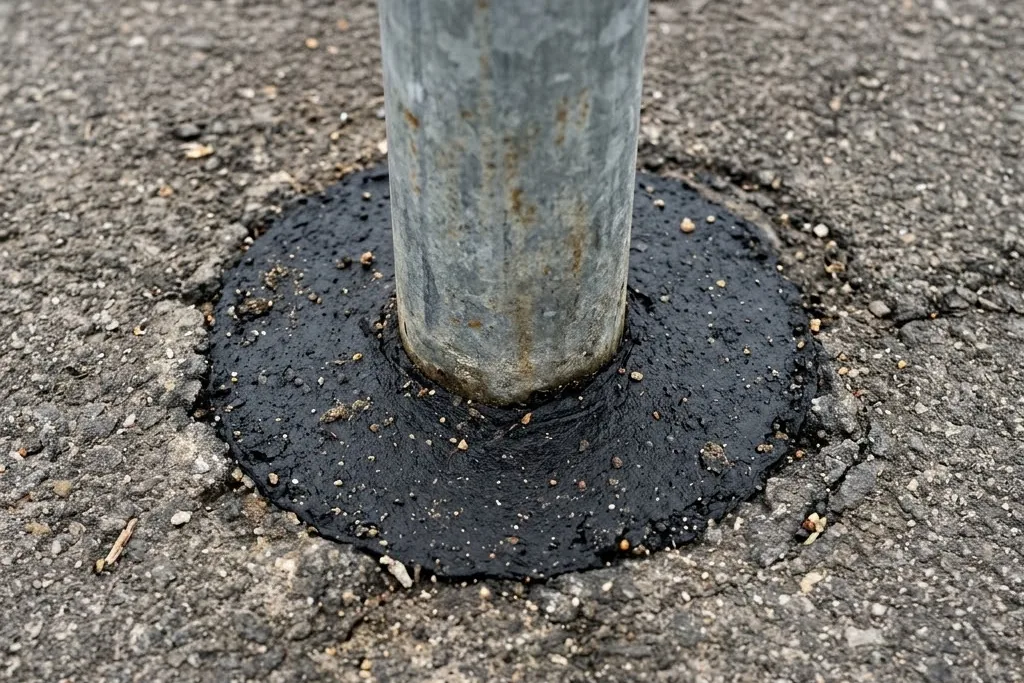 A core-drilled post anchor sealed against water at the surface