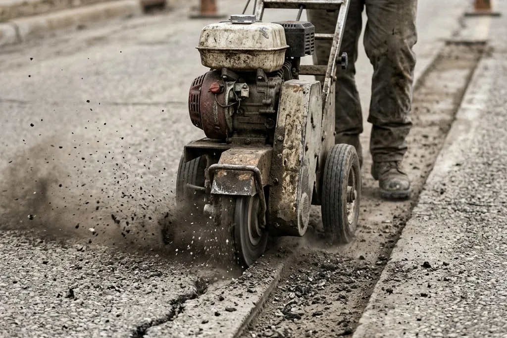 A router cutting an asphalt crack to a consistent channel