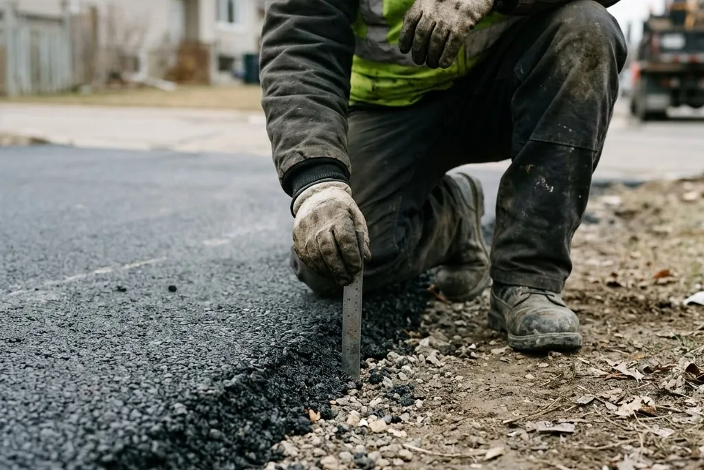A crew checking asphalt depth during a paving job in Edmonton