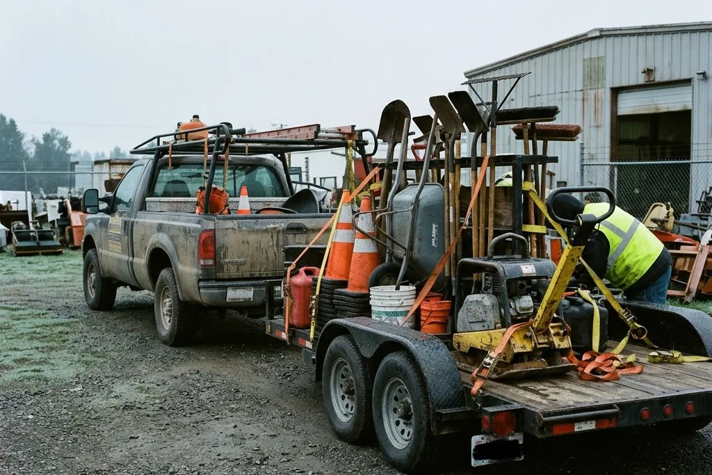 A paving crew truck loaded early for a run out of Edmonton