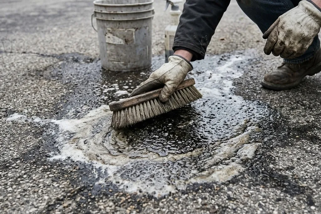An oil stain being degreased and primed before sealcoating