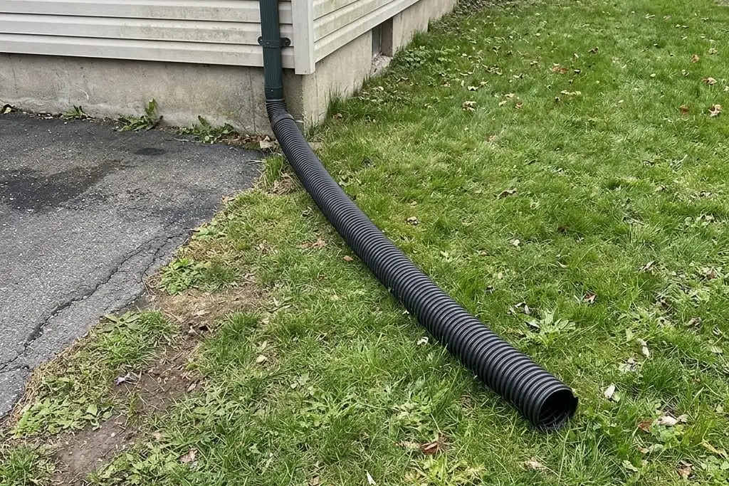A downspout extended to discharge away from the edge of a driveway
