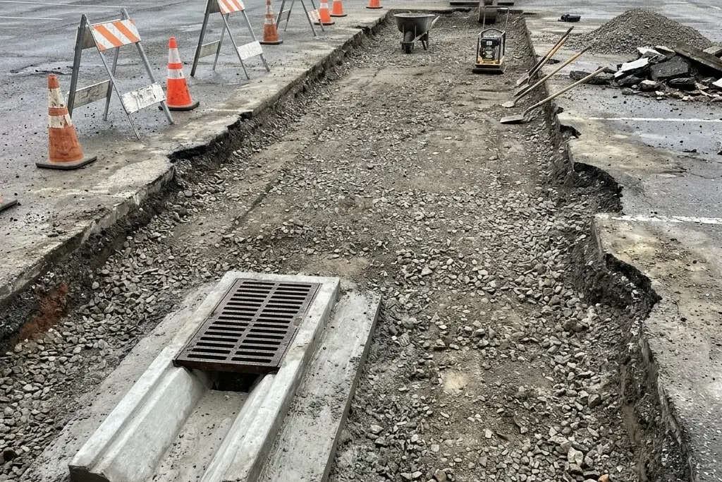 Drainage being corrected in a zone before the surface above is renewed