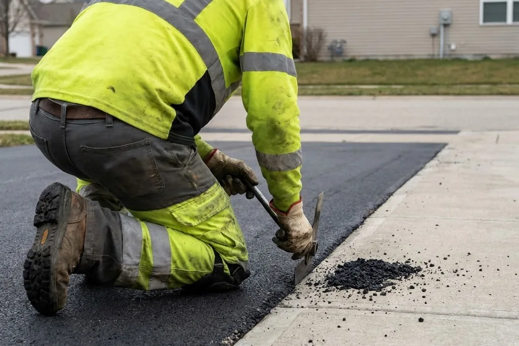 A paving edge being cut in neatly at the end of the working day