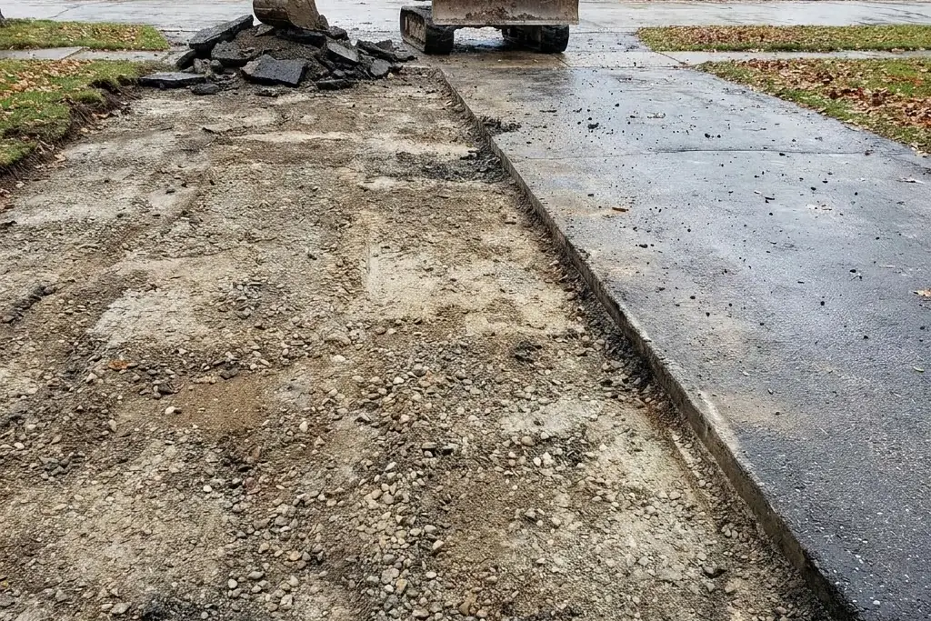 The exposed granular base after the old asphalt has been removed