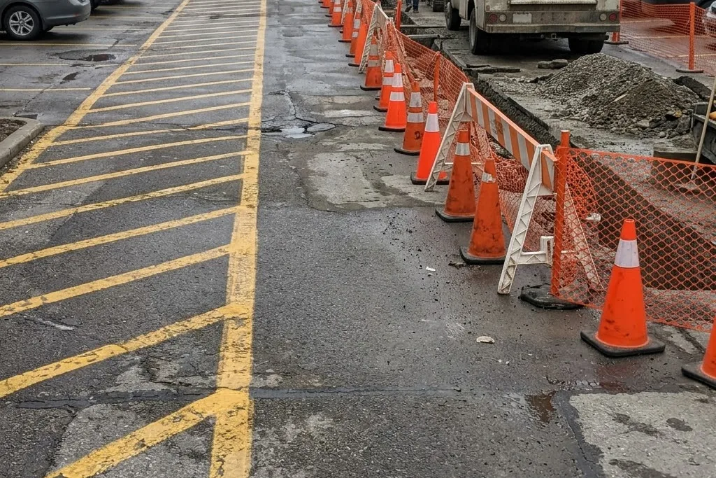 A marked fire route kept open through a phase of institutional paving