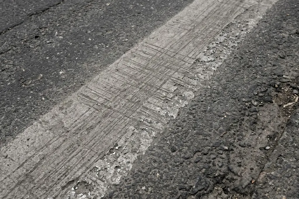 Faint ghost marks left on asphalt where old lines were ground off