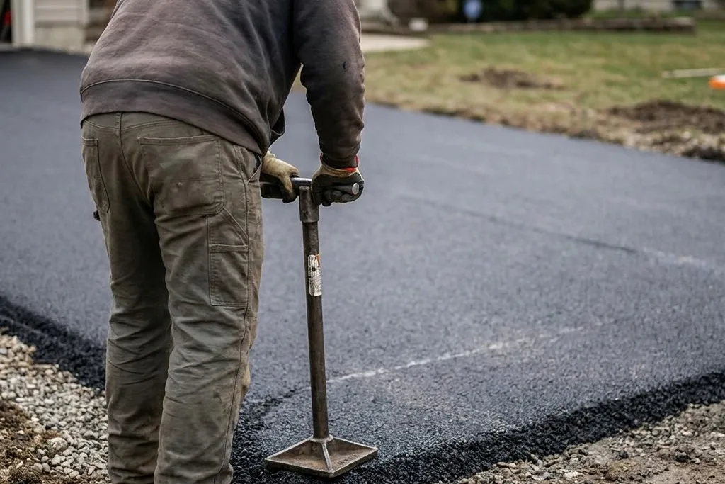 A hand-laid driveway section being compacted to full depth