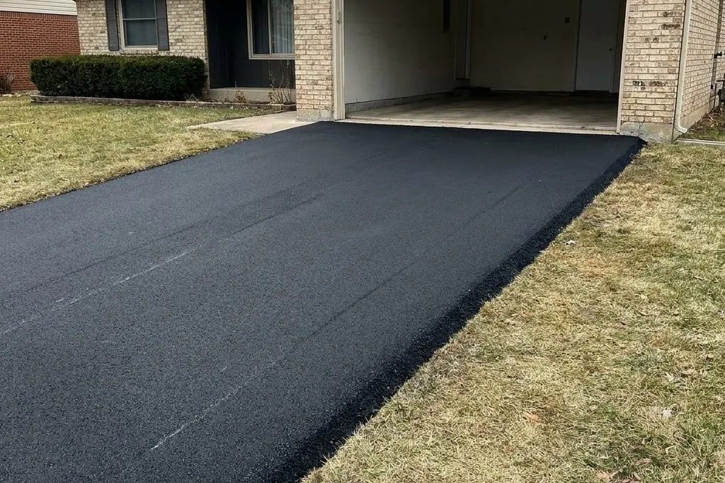 A newly paved asphalt driveway with a compacted edge, in Edmonton