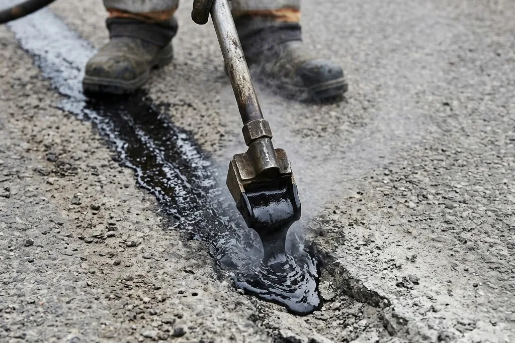 Hot rubber sealant run into a routed crack before sealcoating