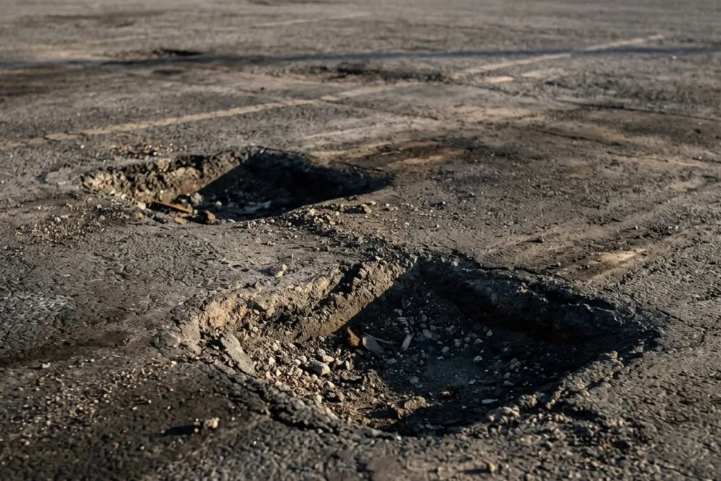 Depressions in asphalt where trailer landing gear is habitually dropped