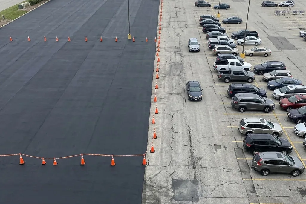 A parking lot sealcoated in sections with the rest open to traffic