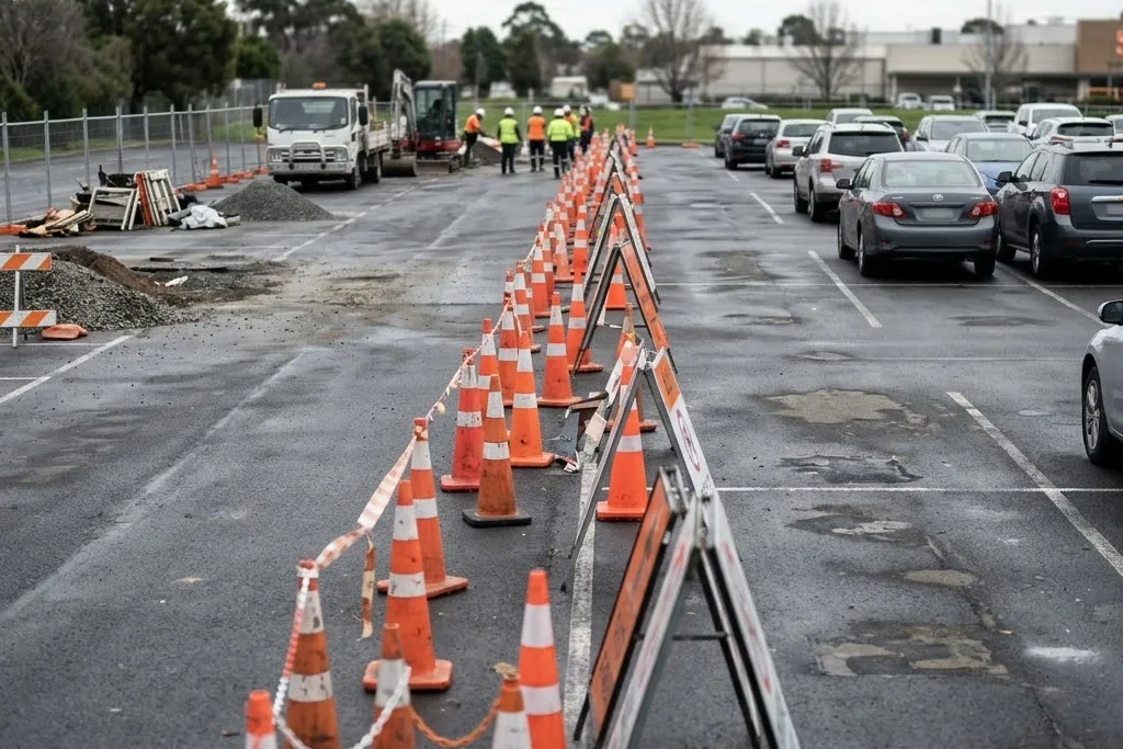 Cones and signage staging a parking lot so part of it stays open