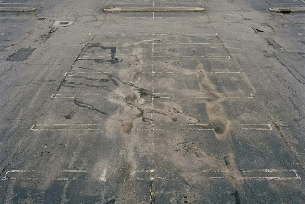 A parking lot with its old lines removed before fresh striping