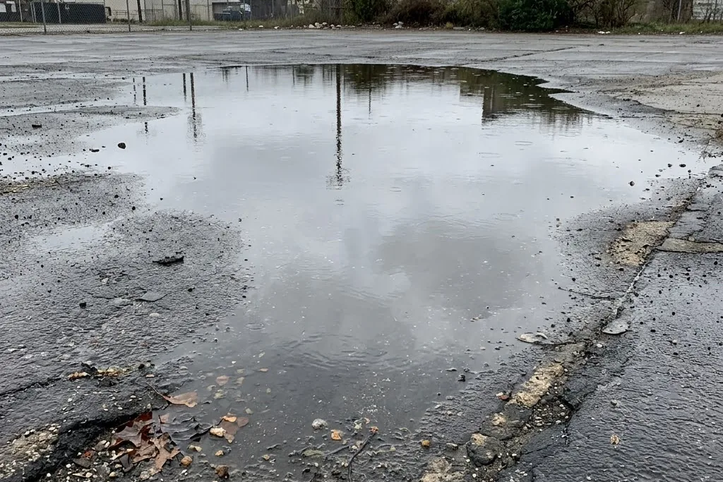 A low spot holding water on an otherwise intact asphalt surface