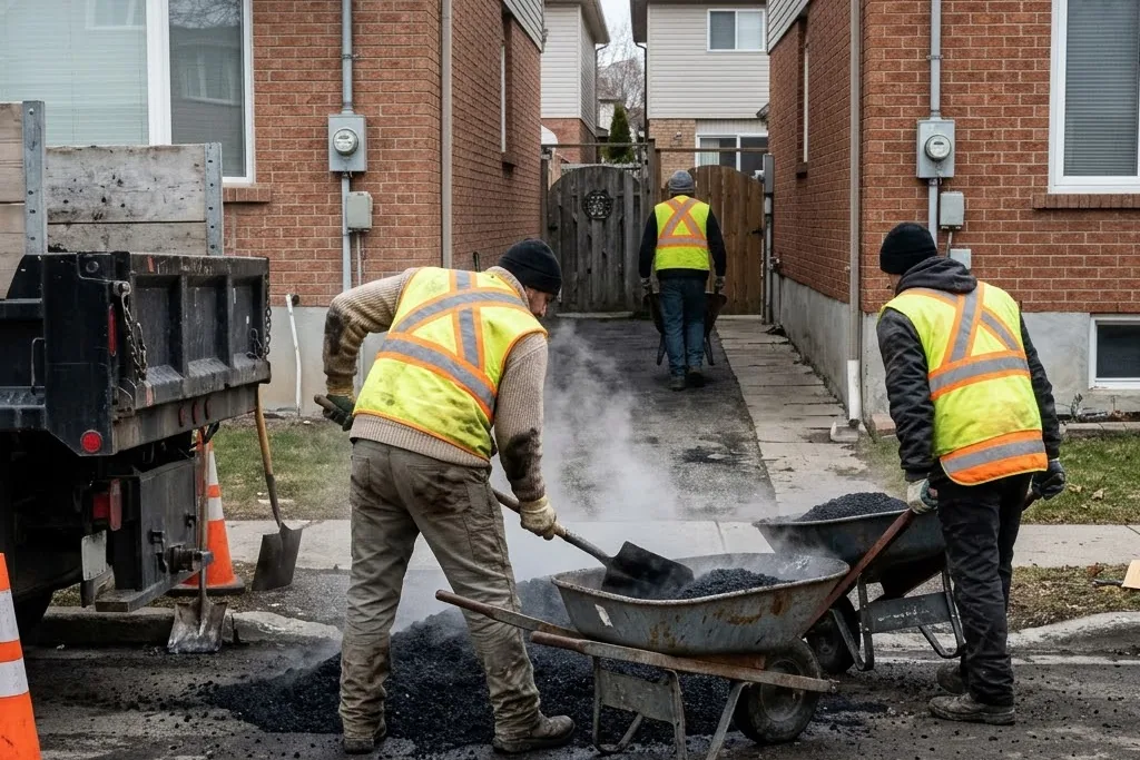 Asphalt being moved by hand from the drop point to the work