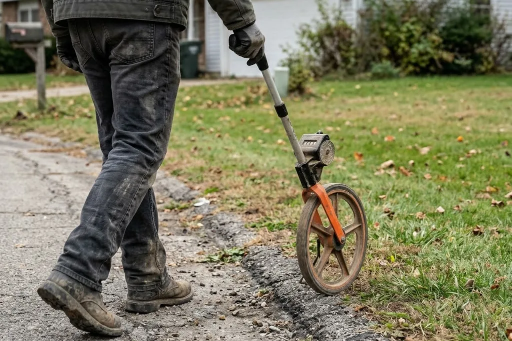 A measuring wheel run along a driveway edge while a quote is prepared