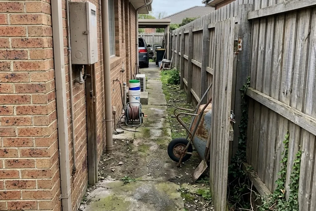 A narrow side access that forces hand work on a driveway job