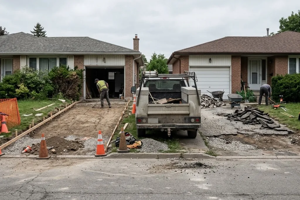 Two neighbouring driveways being repaired on the same crew visit