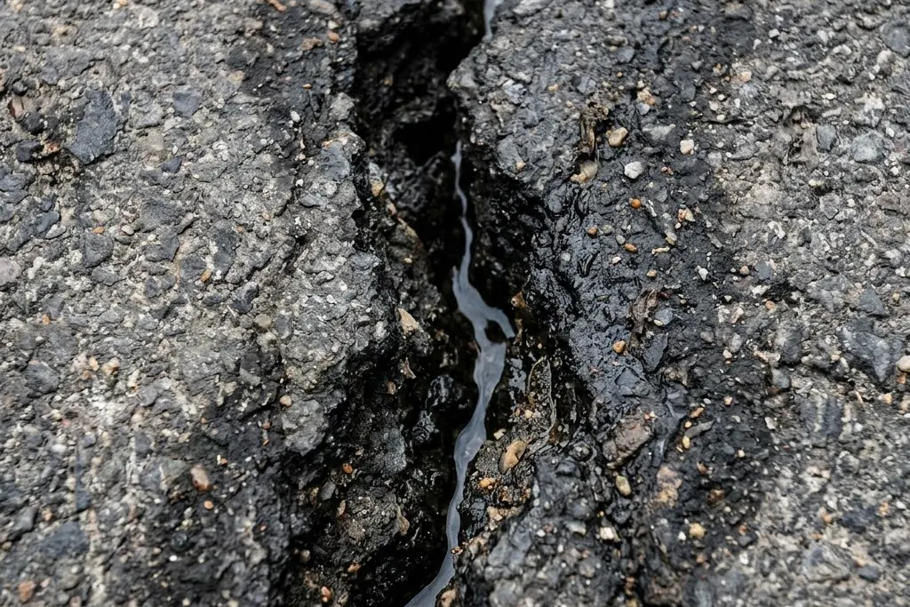 An open crack letting water through to the base of a driveway