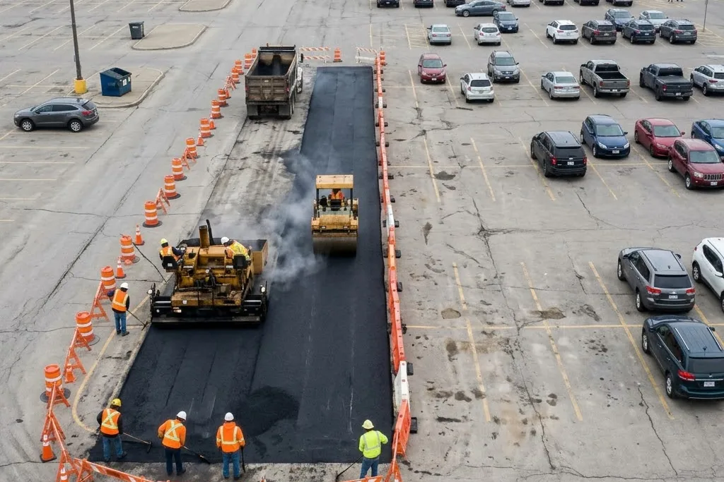 A parking lot being paved in sections with the rest kept open to traffic