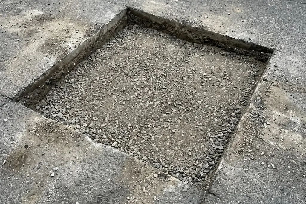 The granular base rebuilt and compacted inside a patch excavation