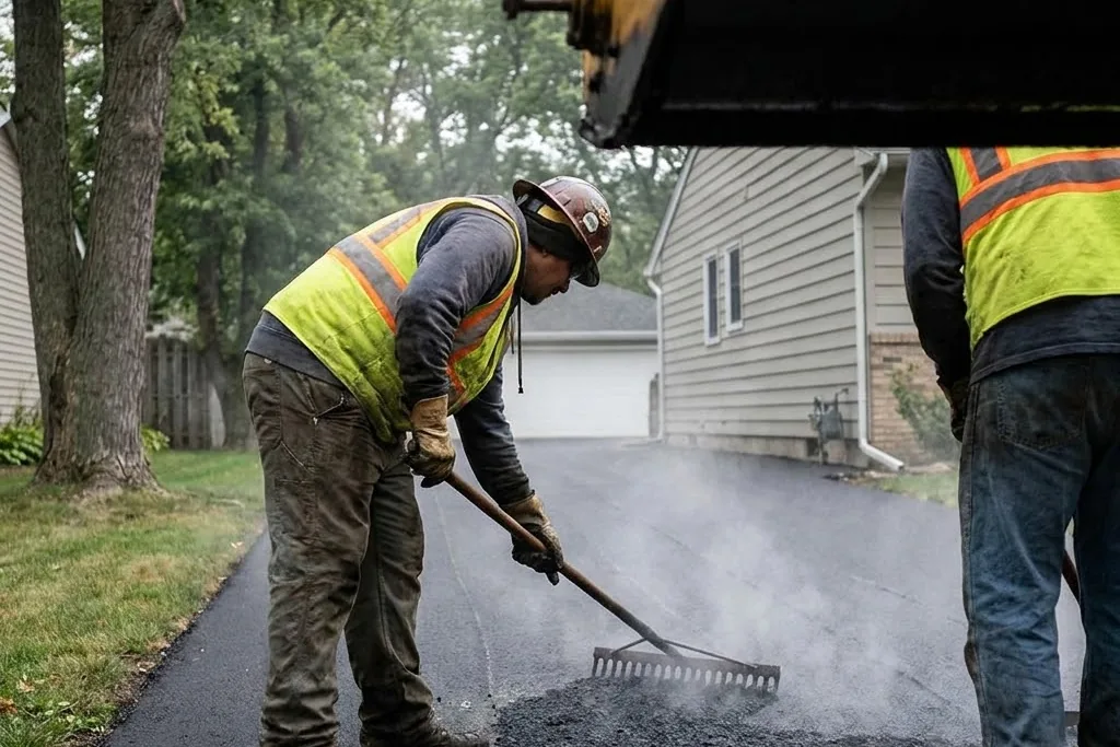 A crew laying and levelling hot asphalt on a driveway in Edmonton