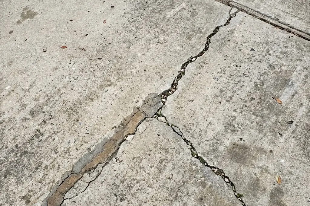 A permanent crack running across a concrete driveway slab