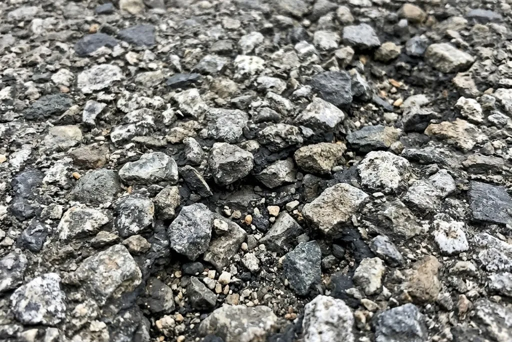 A close view of a grey oxidised asphalt surface with open texture