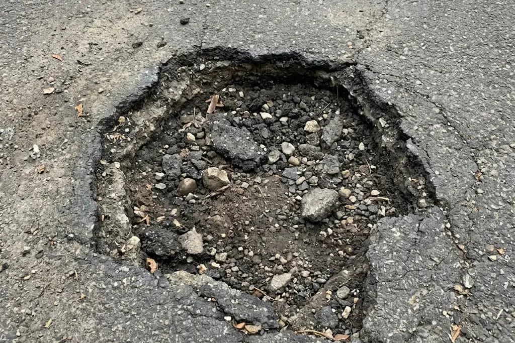 A pothole in an asphalt surface with broken edges before repair
