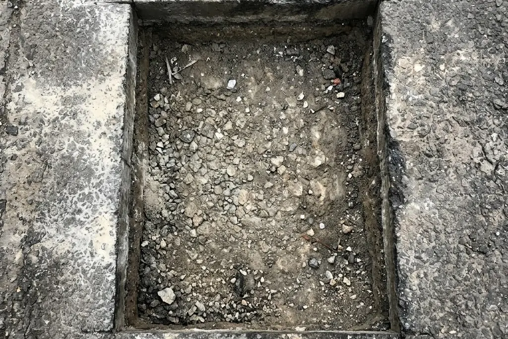 A pothole cut back to square edges exposing the base beneath