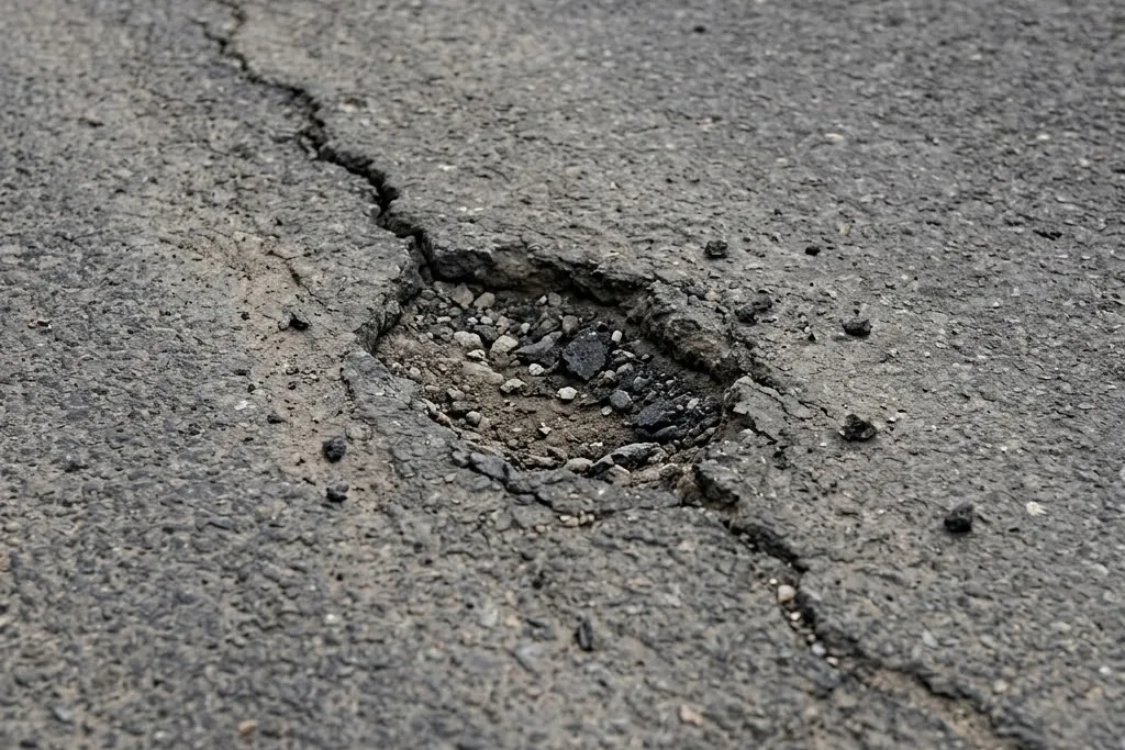 A pothole that formed where an open crack reached the base