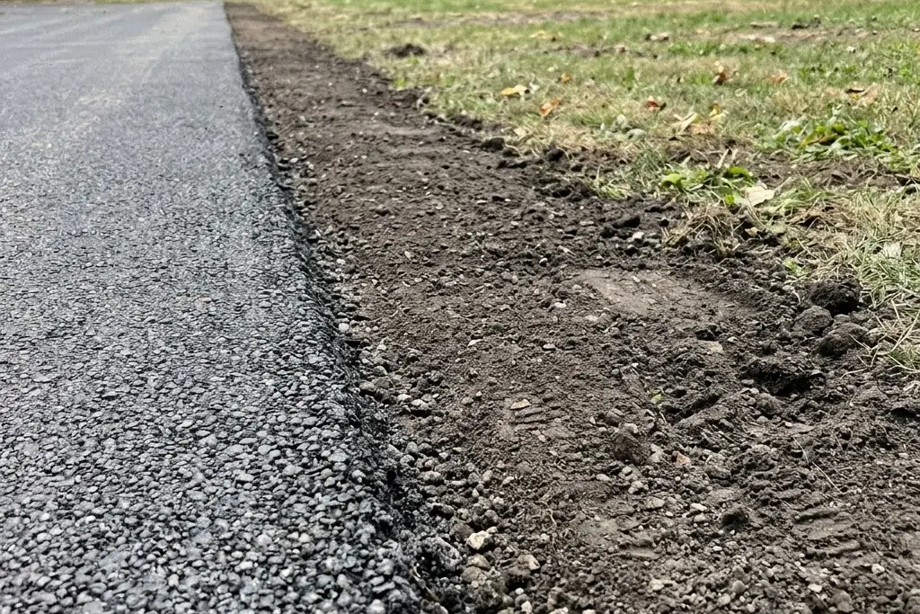 A rebuilt driveway edge with the soil shoulder packed back to surface level