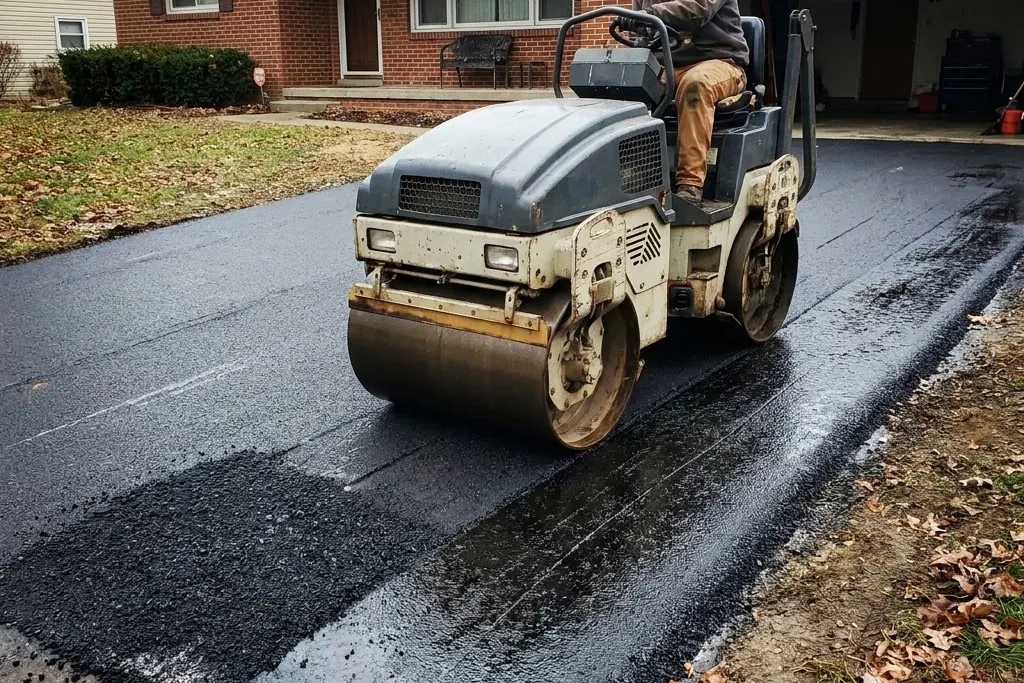 A roller compacting fresh asphalt on a driveway in Edmonton