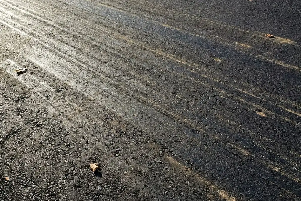 Faint roller lines visible on new asphalt at a low sun angle