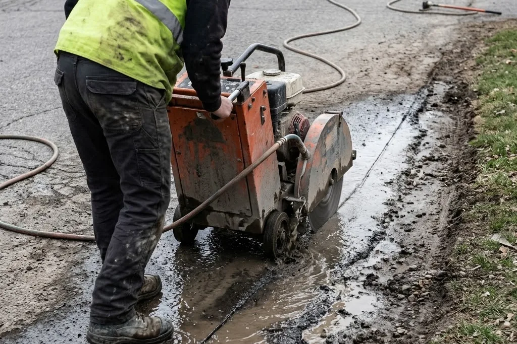 The existing driveway edge saw-cut to a clean face before widening