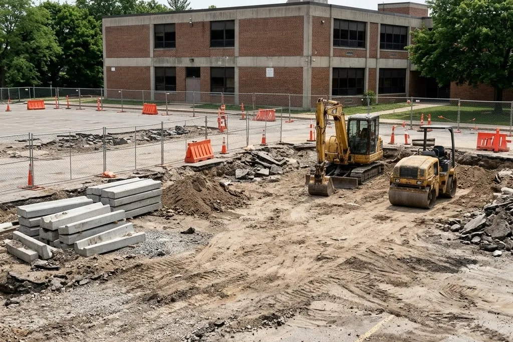 A school parking lot being rebuilt during the summer break